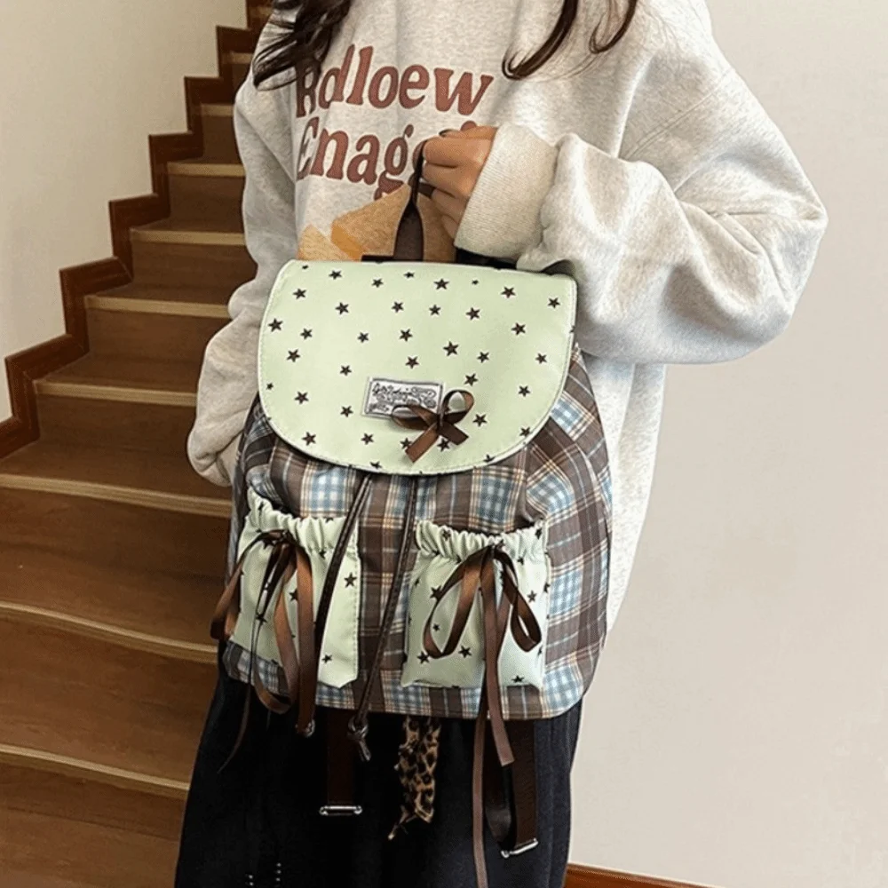 Sweet Bow Double Shoulder Bag Star Print Plaid Pattern Student Schoolbags Contrast Color Grid Pattern Mint Green Small Backpack