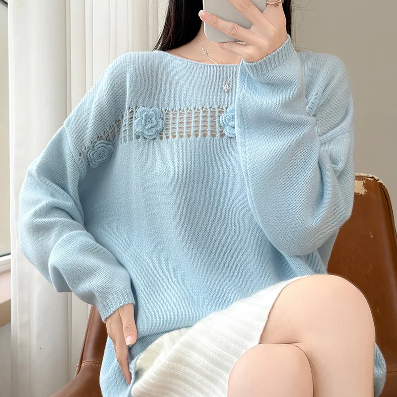 Hand embroidered 100% pure cashmere sweater knitted sweater loose lazy wind cashmere sweater bottoming