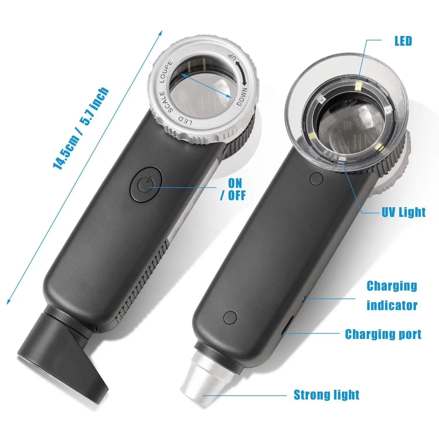 USB Recarregável Handheld LED Magnifier, UV Iluminado Lupa, Lâmina para avaliação Gem Jade, Reparação de jóias, 30X