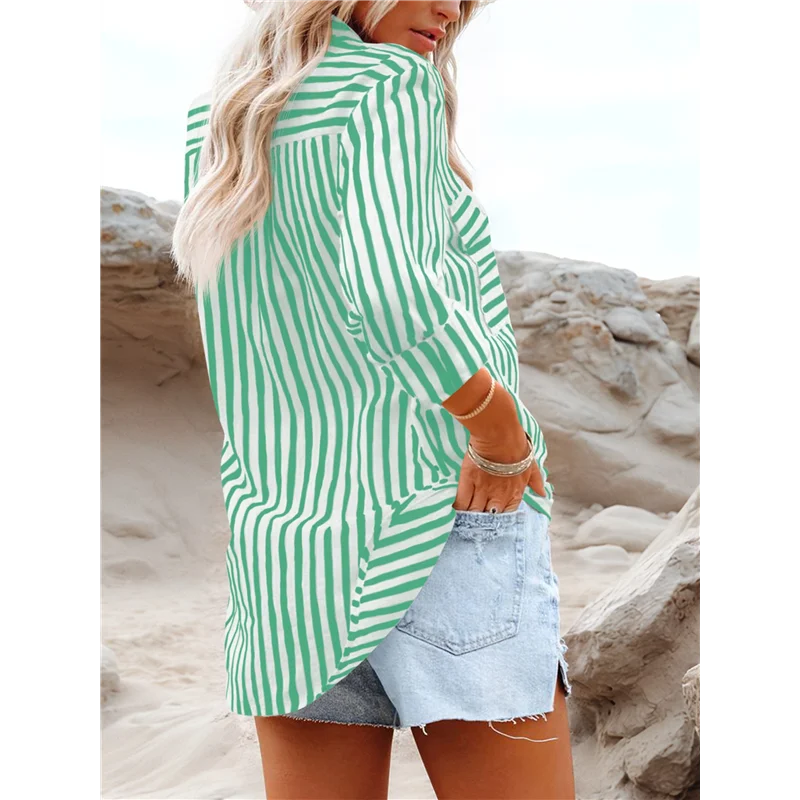 

CGS-Women's Striped Button Down Shirts Casual Long Sleeve Stylish V Neck Blouses Tops With Pockets