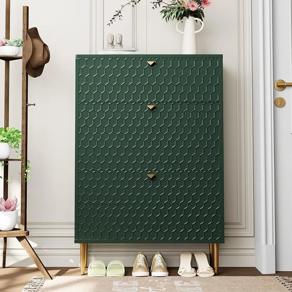 3 Flip Drawers Free Standing Shoe Racks,Modern Shoes Cabinet with Brass Knobs And Legs, 24 Pair for Entryway,Bedroom