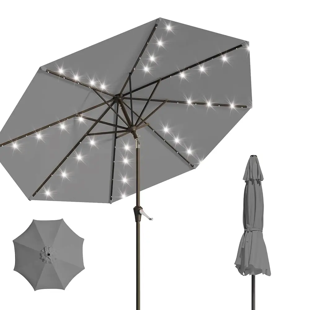 

9Ft Solar Umbrella 32 Led Lighted Patio Umbrella Table Market Umbrella W/Tilt And Crank Outdoor Umbrellas For Garden, Deck,