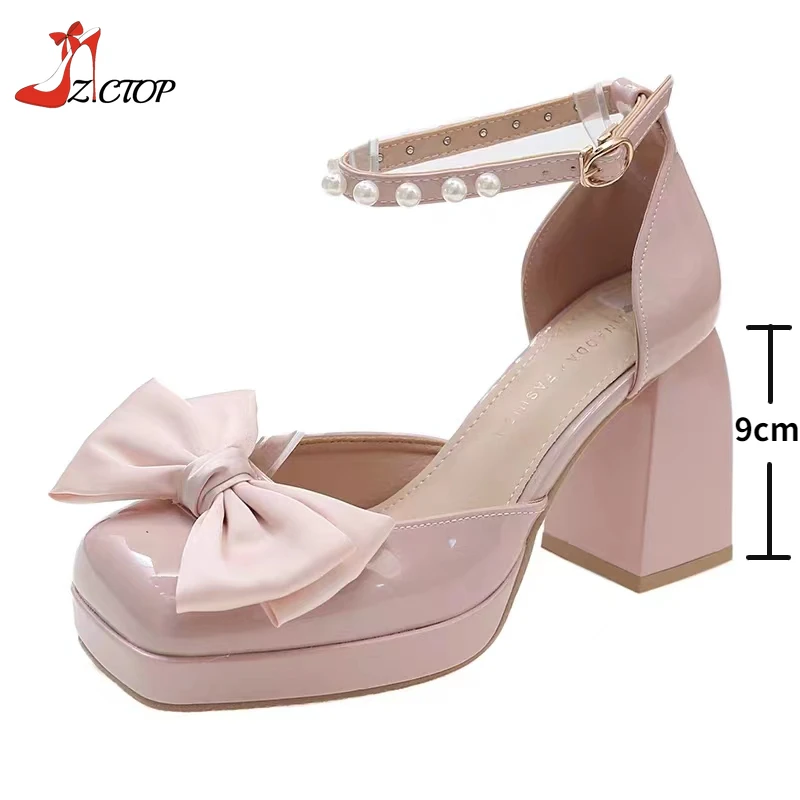 Pink Bowknot High Heels Platform Pumps Women 2024 Summer Fashion Sweet Square Toe Chunky Sandals Party Wedding Shoes Ladies