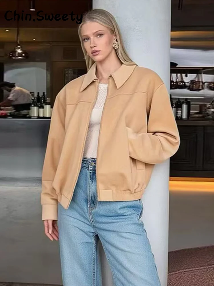 

Casual Suede Full Sleeve Jacket Women Solid Loose Lapel Zipper Pockets All-match Jacket 2025 Autumn Lady High Street Coats New