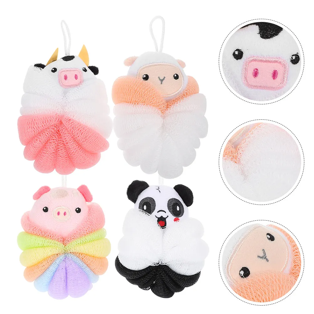 4Pcs Animal Shower Bath Ball Exfoliating Body Skin Scrubber Thickened Design for Home Travel Convenient Cleaning Shower Loofah