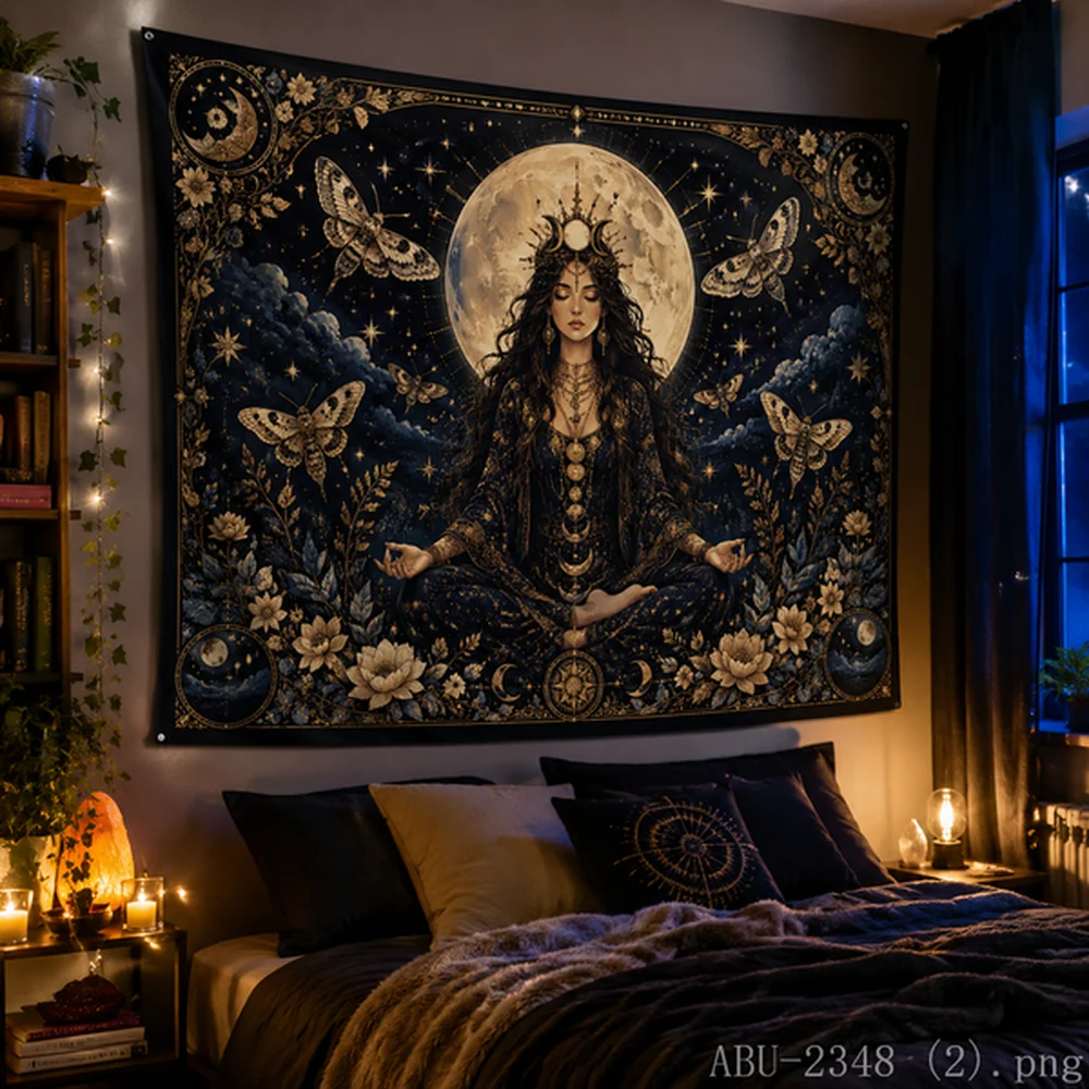 VIKAMA Black Cat Moon Phase Tapestry Celestial Starry Wall Hanging for Bedroom Witchy Decor