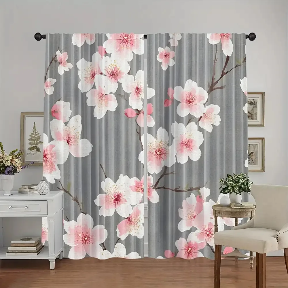 2-piece cherry blossom pattern curtains, polyester fabric, machine washable, suitable for bedroom living room decoration
