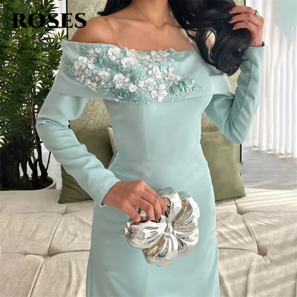 ROSES vert dentelle tache sirène épaules dénudées robe formelle robe de soirée à manches longues fleurs 3D robes d'occasion spéciale personnalisées