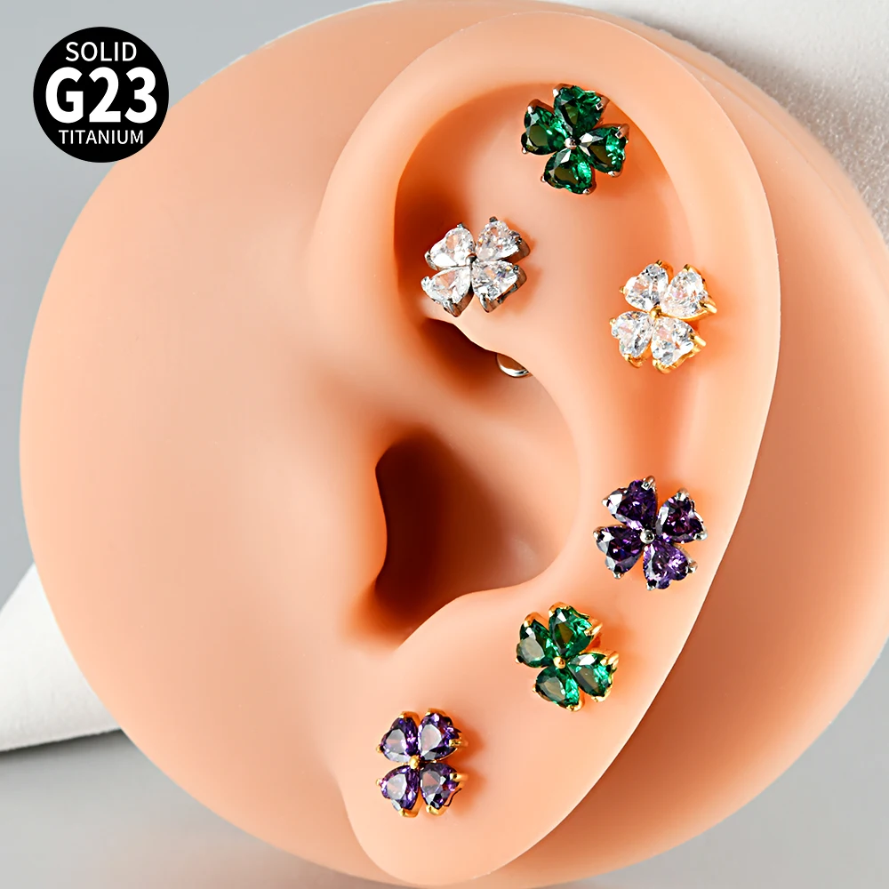1PC G23 Titanium Heart Zircon Four Leaf Clover Lip Studs Internal Thread Ear Helix Tragus Cartilage Helix Earrings Body Piercing