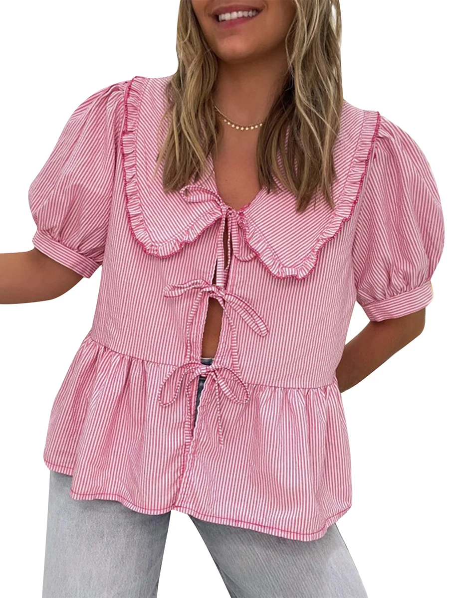 Women s Striped Babydoll Tops Loose Doll Collar Short Sleeve Open Front Tie-Up Ruffle Shirt