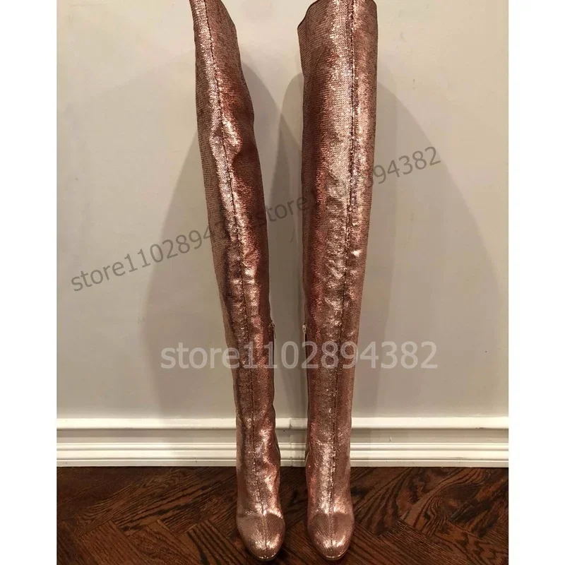 حذاء نسائي وردي فاتح لامع الفخذ عالي بمقدمة مستديرة وسحاب جانبي حذاء نسائي بكعب عالي رفيع موضة جديدة للحفلات 2023 Zapatos Para Mujere #4