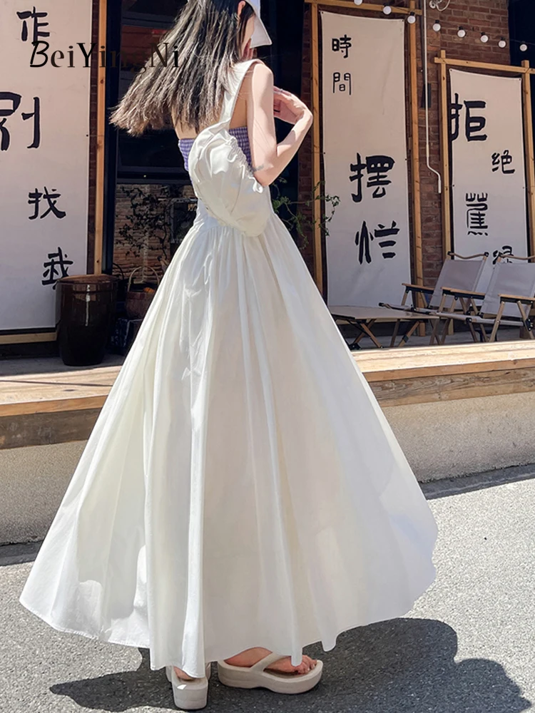Beiyingni 2025 Summer Ice Silk Maxi Pleated Skirt Woman Solid Color High Waist Slim Women's A-line Long Skirts White Blue Faldas