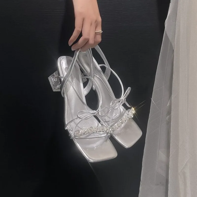 

High Heels Sandals Women 2025 Summer Ankle Buckle Heels Sandals Woman Pu Leather Square Heel Gladiator Sandalias Mujer