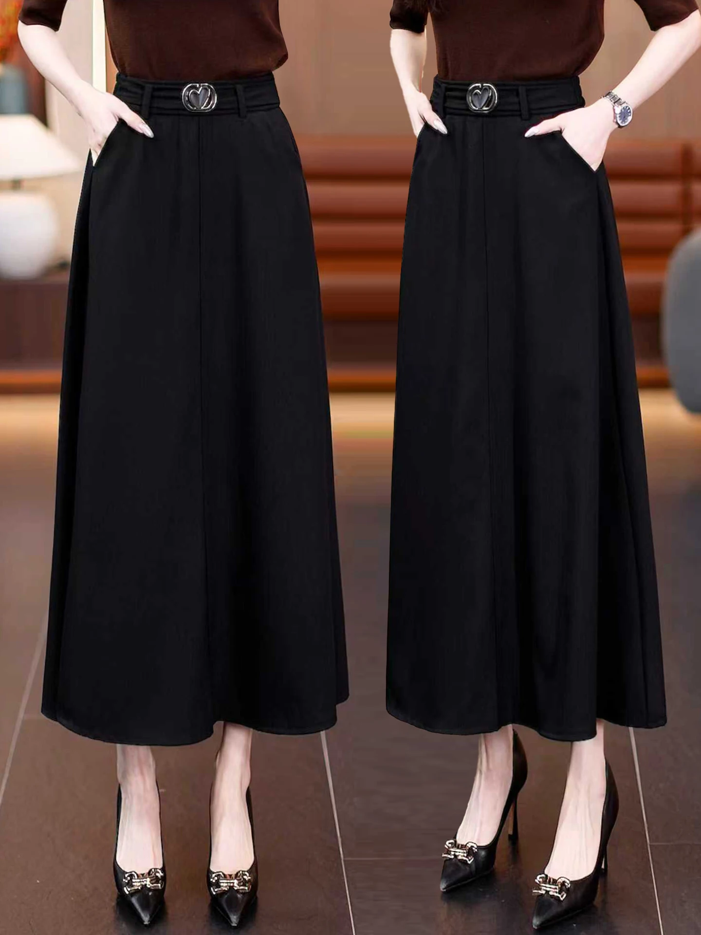 

Black Asymmetrical Hem Midi Skirt Women's High Waist A-Line Skirt Spring Autumn 2026 New Style Cover Hip Casual Korean Version