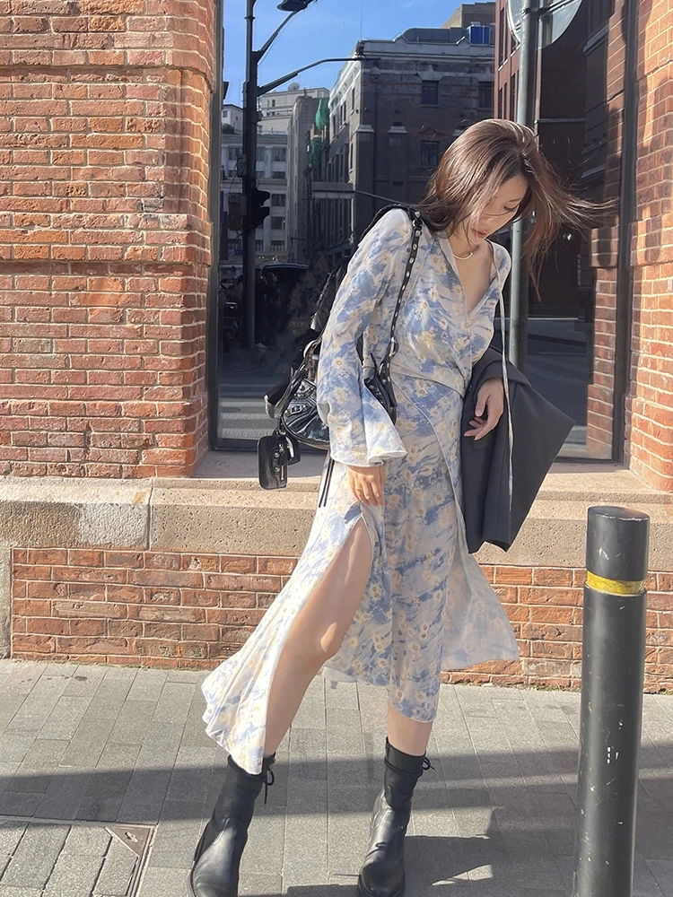 Bluejasmine 2023 New Irregular Waist-Cinching Print Long Dr Women's Dr High Waist A-line Skirt Polyester Fabric Spring