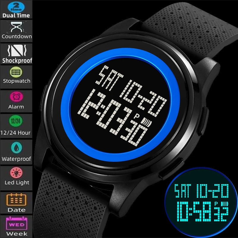 Skmei Mens Digital Watches Slim Case TPU Strap 50M Waterproof Swimming Sports Dual Time Fashion Led Light Alarm Clock