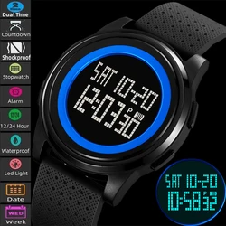 Skmei Mens Digital Watches Slim Case TPU Strap 50M Waterproof Swimming Sports Dual Time Fashion Led Light Alarm Clock