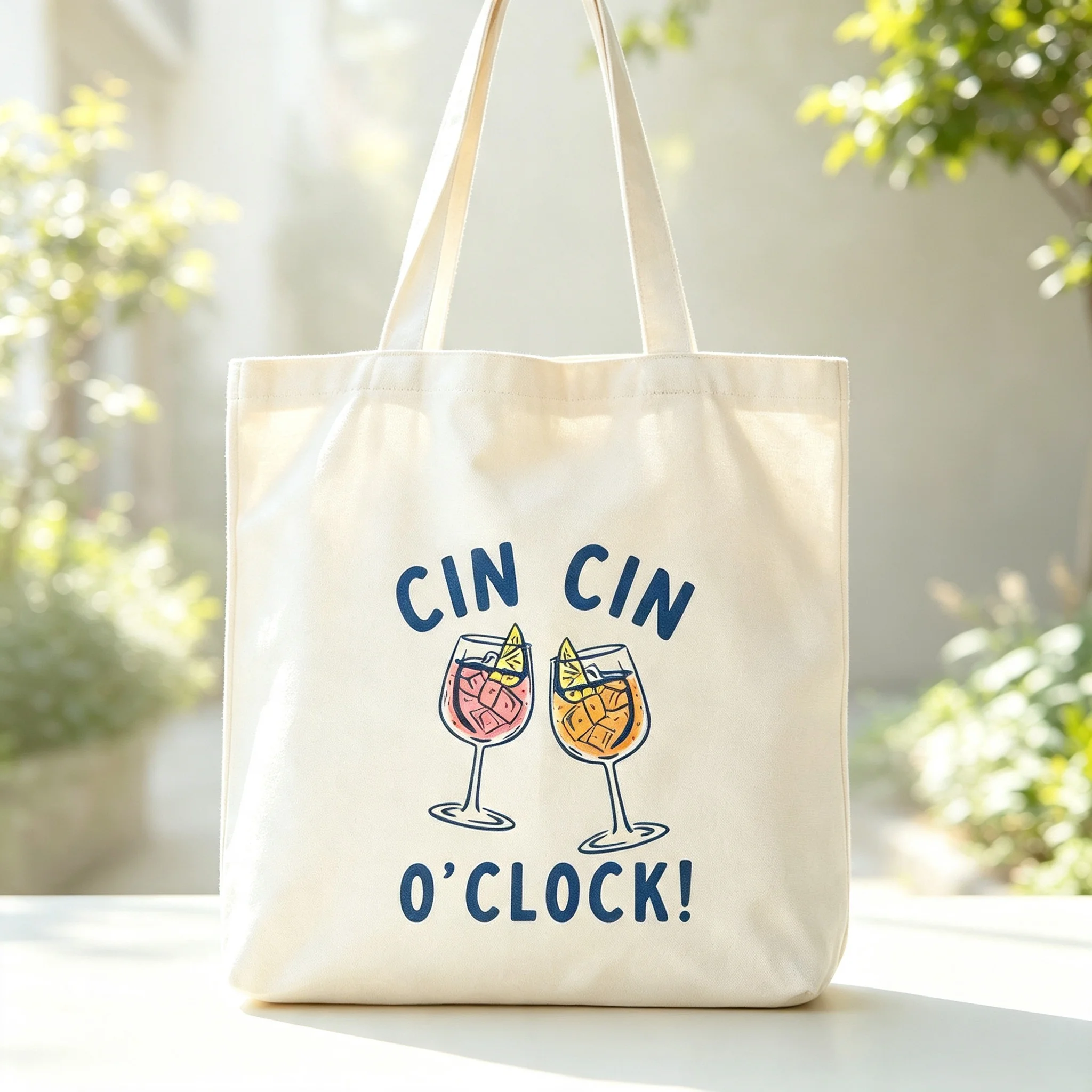 Funny Wine Lovers Canvas Tote Bag Cin Cin O'Clock Cocktail Glass Graphic Portable Daily Shoulder Bag Vacation Gift for Ladies