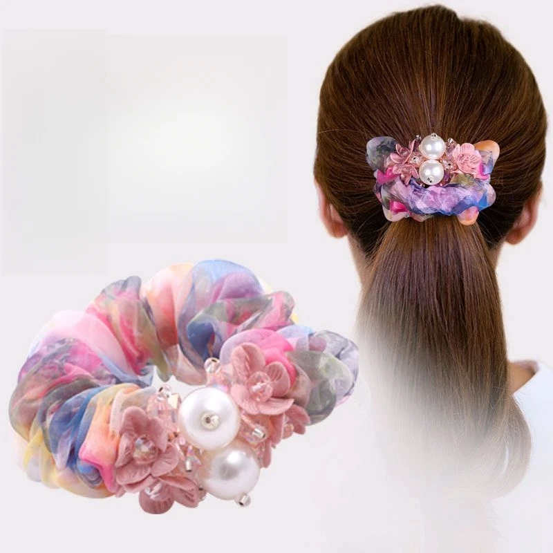 Pearl Silk Yarn Hair Ring  Elastic Hair Bands  Printed Headdress Flower Ponytail  Simple and Elegant Accesorios Para El Cabello