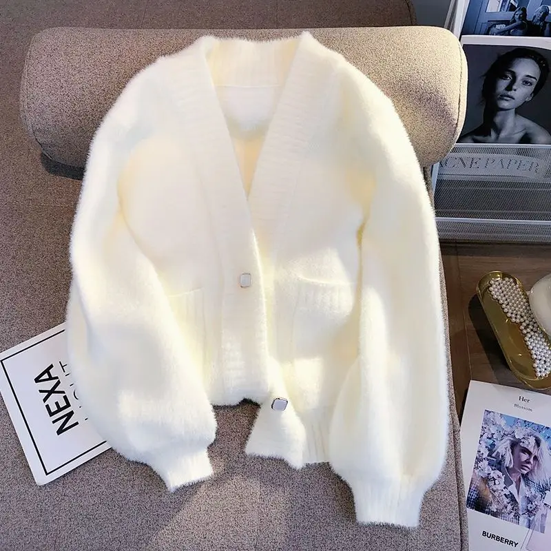 Women's Sweet Sweater Cardigan Elegant White V-neck Knitted Tops Winter Button Korean Style Long Sleeve Office Knitwear Jumpers