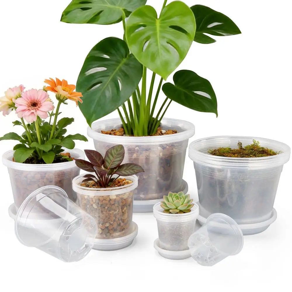 

Прозрачные горшки для рассады 10, 8, 6, 4 дюйма с дренажем и поддонами, 20 штук, большие прозрачные пластиковые горшки для растений, для рассады и саженцев