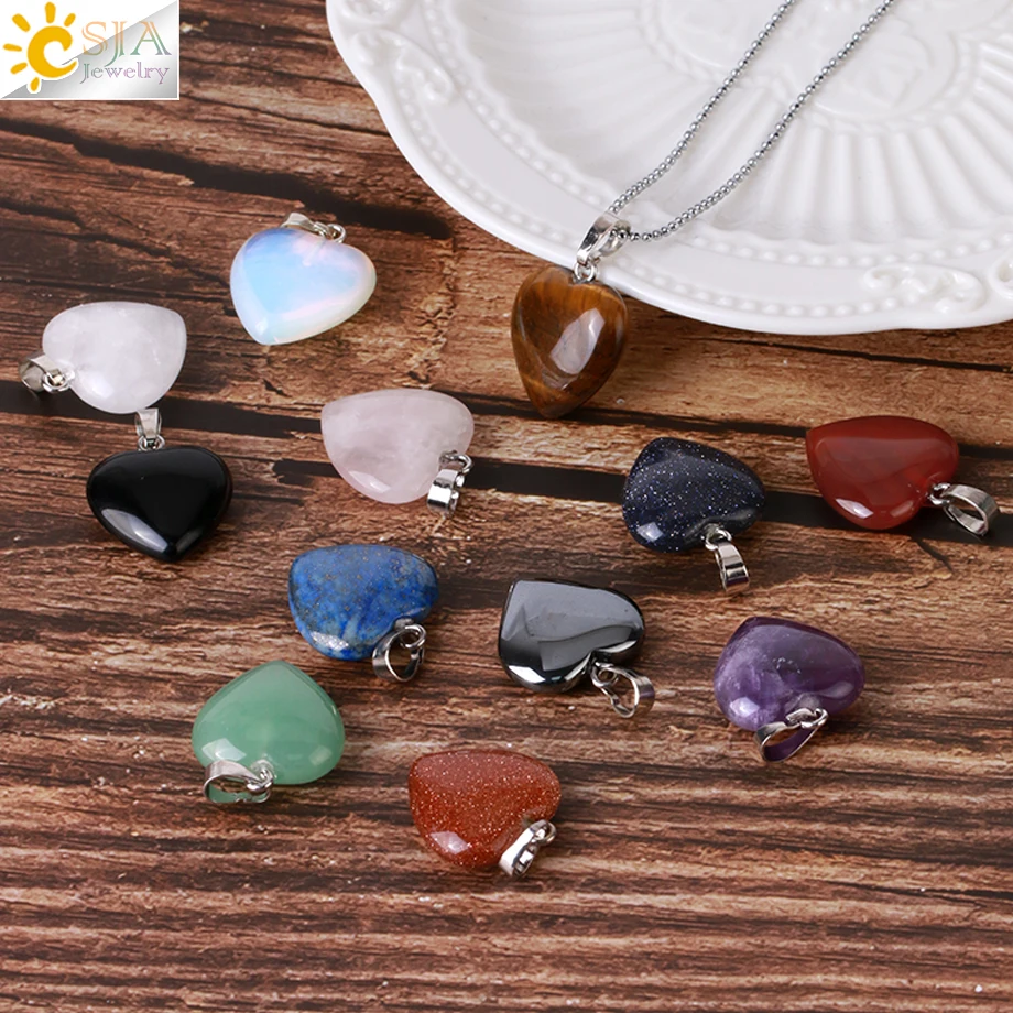 CSJA Heart Crystals Natural Stone Necklaces  Pendants Women Carnelian Pink Quartz Clear Amethysts Crystal Healing Necklace E594