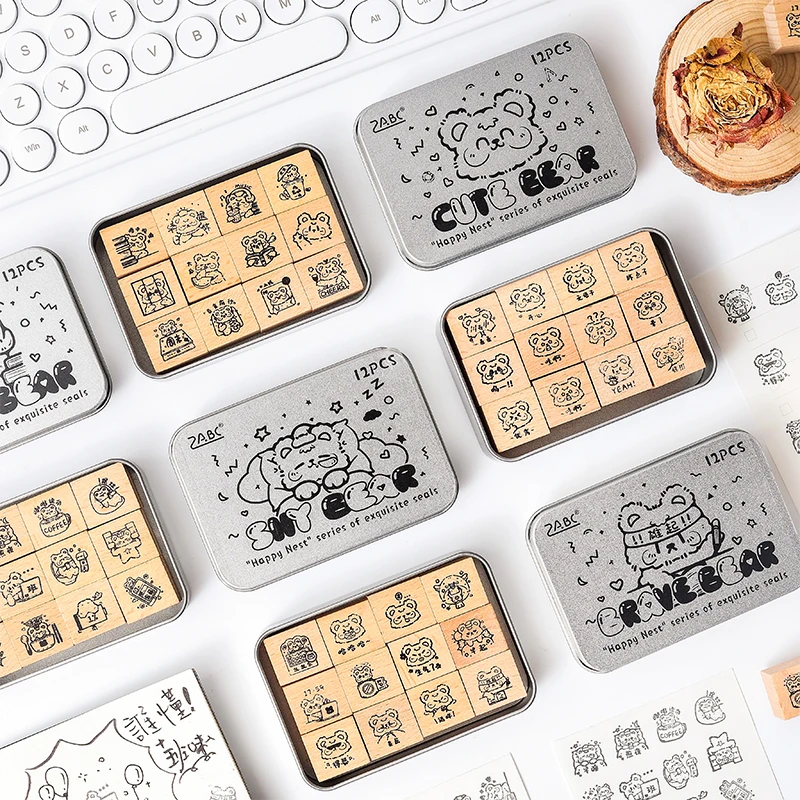 12pcs Cartoon pattern Vintage Week Wooden Rubber Stamp Scrapbooking Deco DIY Craft Standard Wooden Stamps Set Planner Stationery