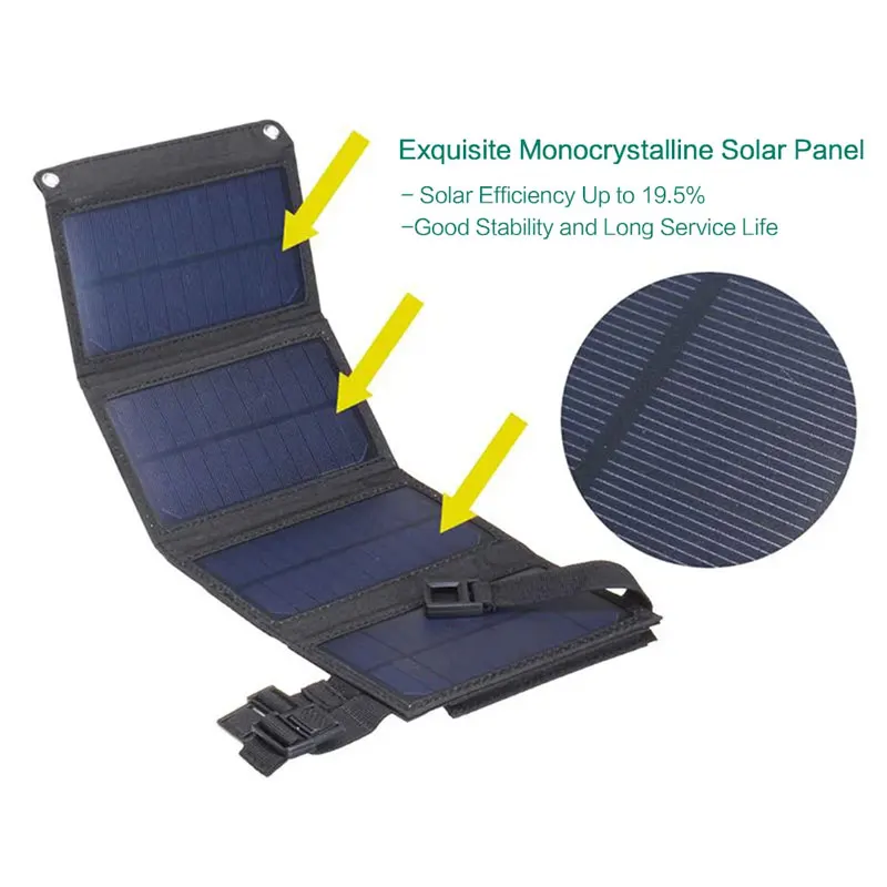 Foldable 10W Solar Panel Charger with 5V USB Charging for iPhone iPad Samsung Huawei Honor Xiaomi OnePlus Google Sony LG etc.