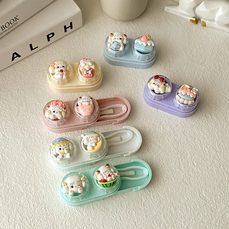 Cartoon Cat Contact Lens Case Portable Mini Contact Lens Box with Tweezer Suction Stick Set  Travel Daily Storage for Women Girl