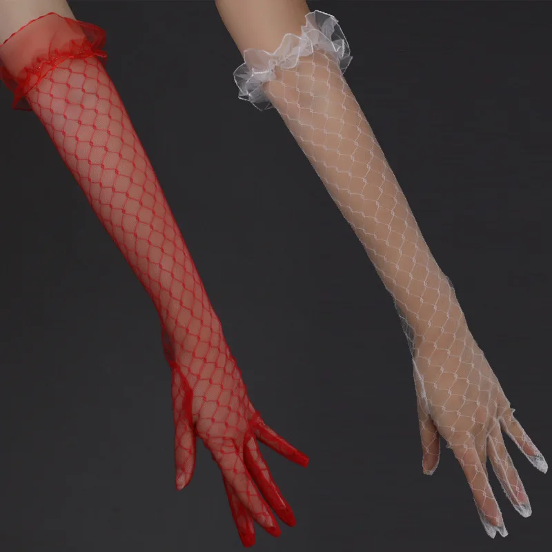 Sexy Lace Gloves Female Mesh Hollow Thin Wedding Dress Gloves Summer Long Elastic Fishing Net Full Finger Sunscreen Mittens S222