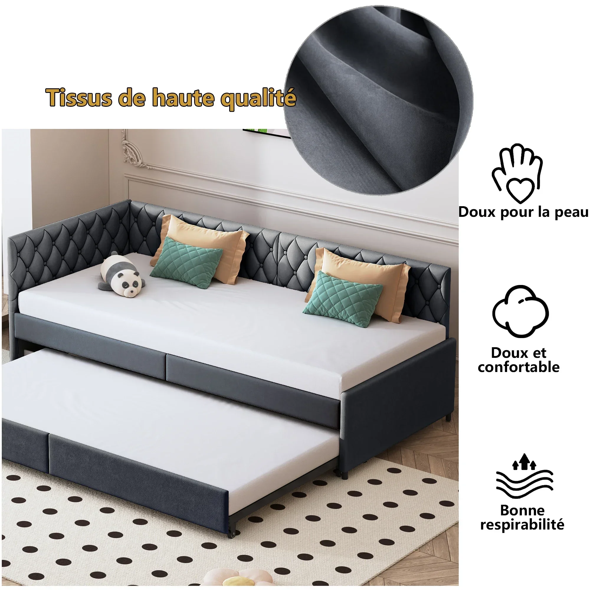 Rosahqnda Ausziehbares Tagesbett mit Ausziehbett, 90x200 cm Schlafsofa, gepolstertes Gästebett, für Wohnzimmer & Kinderzimmer, Beige Samt