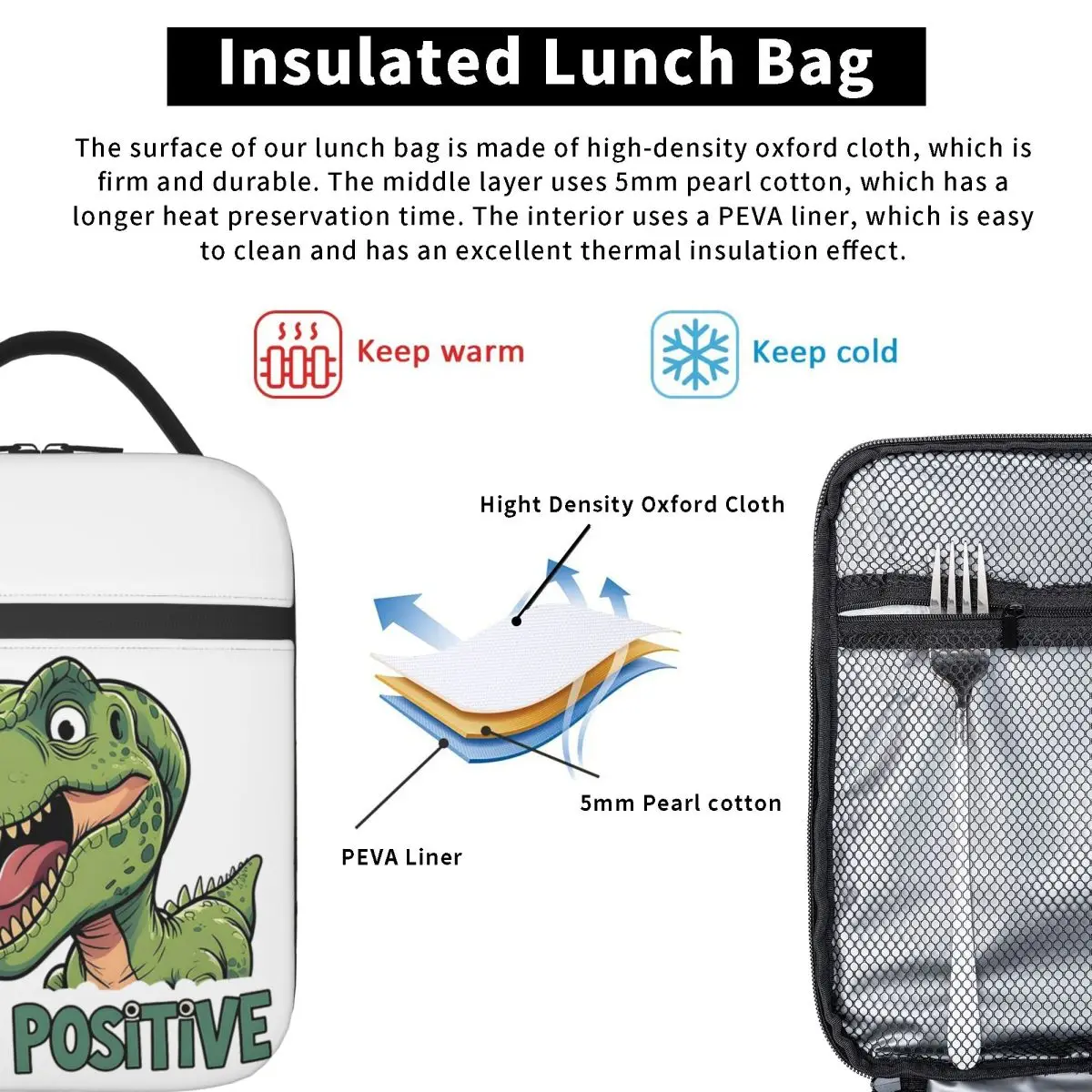 Stay Positive Funny T-Rex Dinosaur Sticker Insulated Lunch Bag for Women Kids Portable Food Boxes Thermal Lunch Box Tote