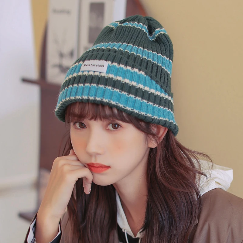 Fashion Striped Knitted Beanie Caps For Women Men Elasticity Windproof Warm Beanie Hats Autumn Winter Hat