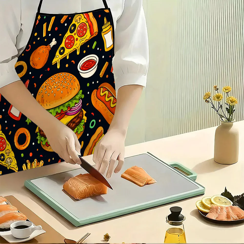 Fast Food Pattern Apron, Funny Burger Pizza Fries Cooking Bib, Colorful Kitchen Decor, Gift for Chef, Black Foodie Textile