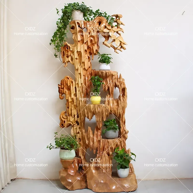 Solid Wood Root Carving Flower Stand Natural Art Okan Root Living Room Floor to Ceiling Multi Layer Tree Root Base Ornament