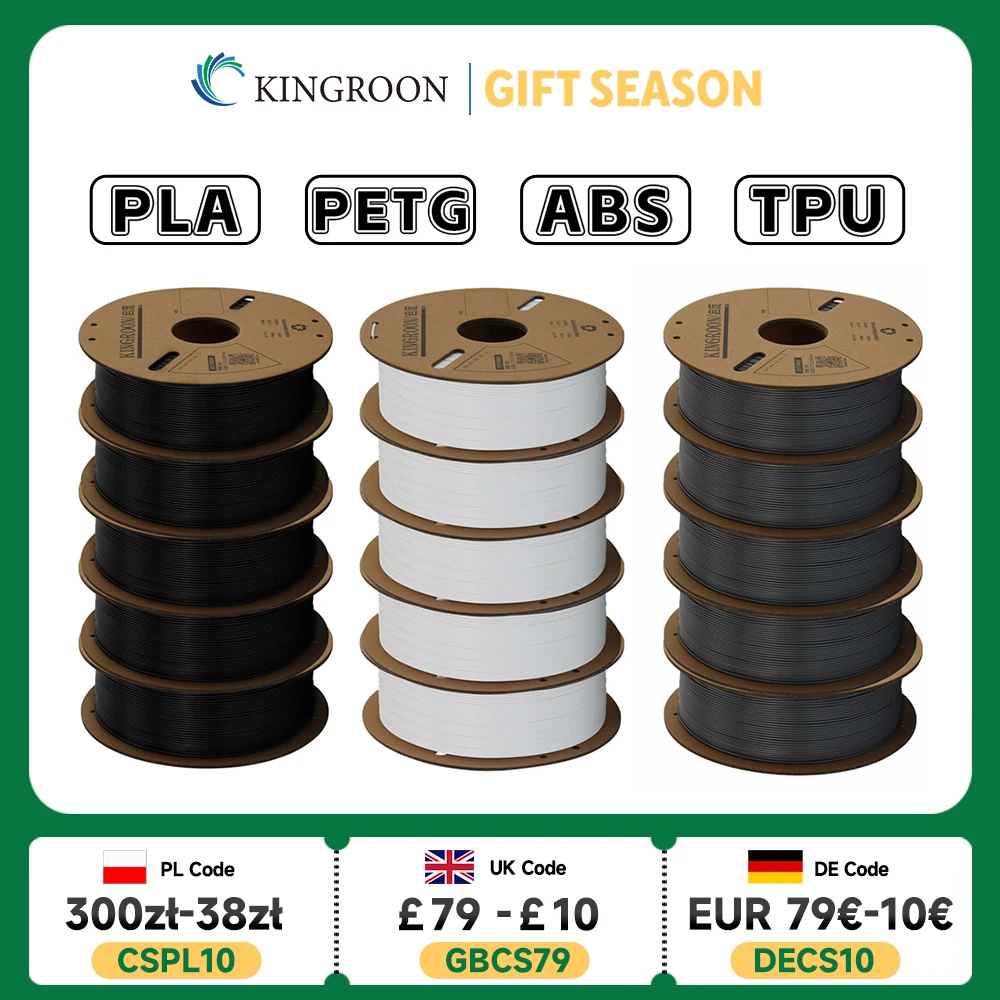 KINGROON 3D Printer Filament PLA PETG TPU ABS 5KG Bundle Black White Gray 1.75mm No bubbles Plastic 5 roll 1kg , Random Spool