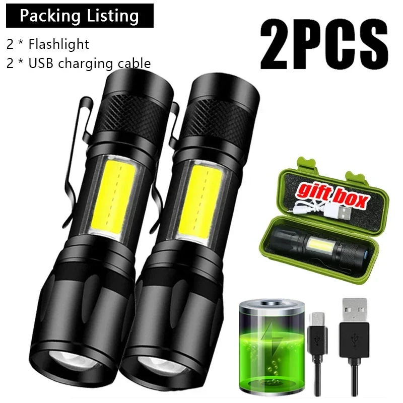 Mini Portable  Flashlight LED+COB Fishing Torch Zoomable Focus Light Rechargeable Tactical Lamp Camping Hiking Emergency Lantern