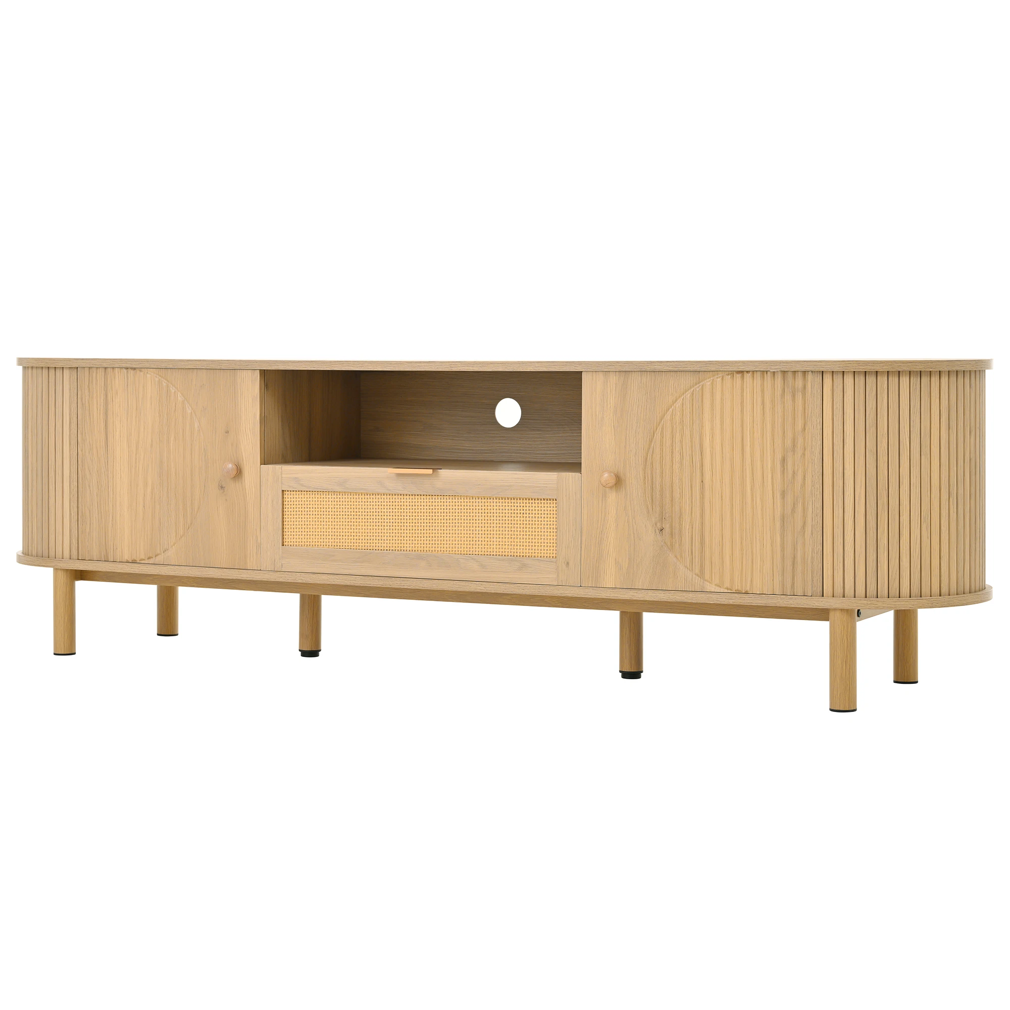 PINGGO Moderner TV-Schrank mit Rattanschublade, offenen Regalen, runder Tischplatte, Metallbeinen, Holzoptik, 175x36x41 cm – Detail 10