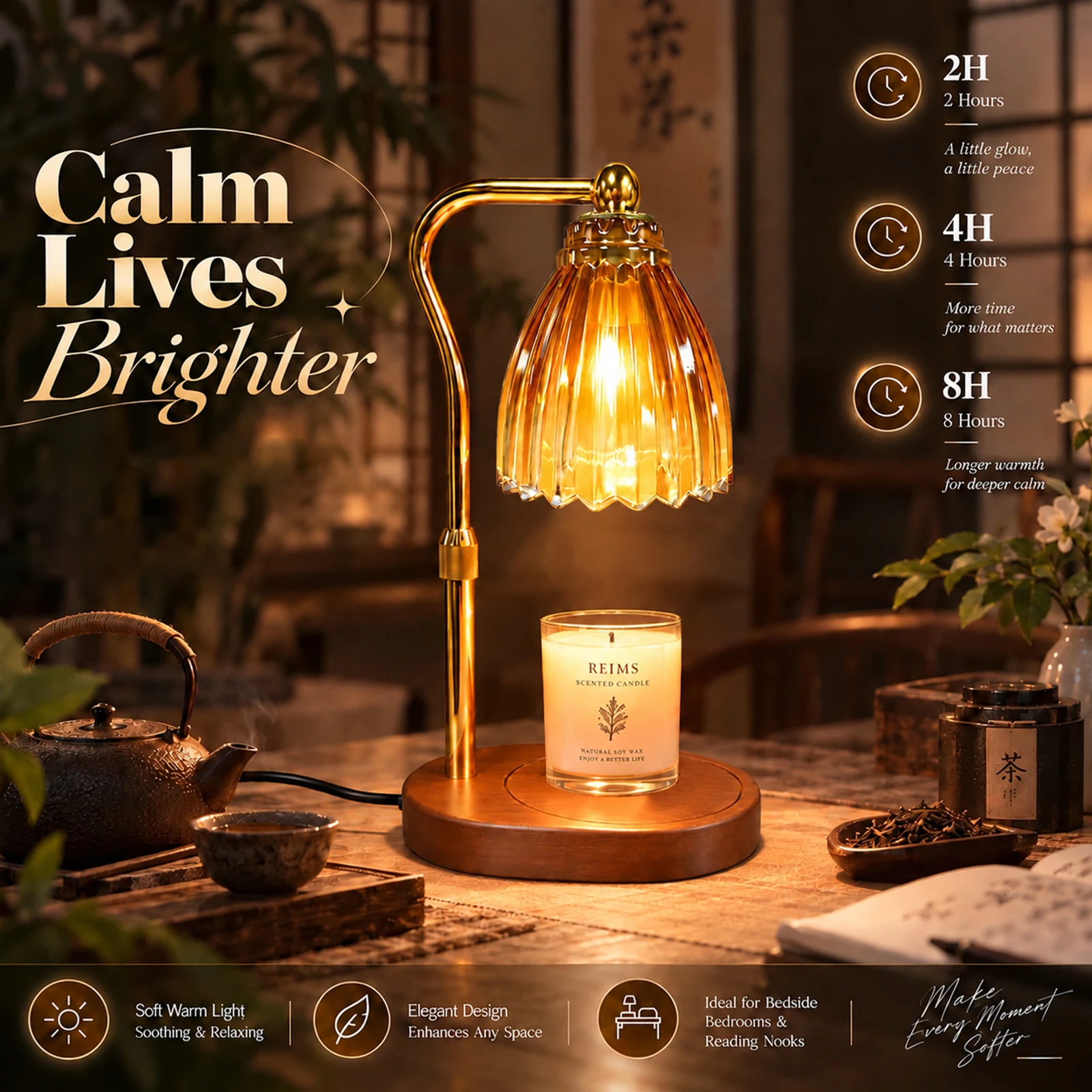 50W Glass Candle Warmer Lamp with Timer Dimmable Button Control Adjustable Height Desk lamp Aesthetic Office Home Decor Gifts for Women Mom Her