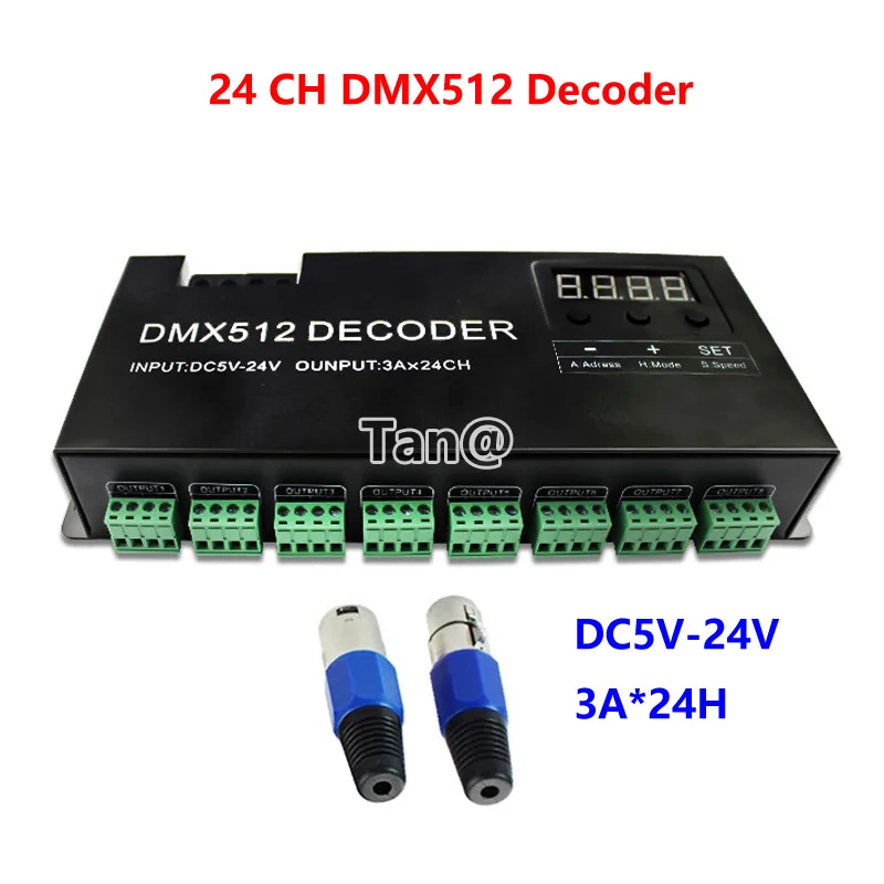 

24 CH Channel DMX512 Decoder 3A*24CH PWM DMX512/1990 Signal Single Color RGB Led Strip Stage Lighting Controller DC5V 12V 24V