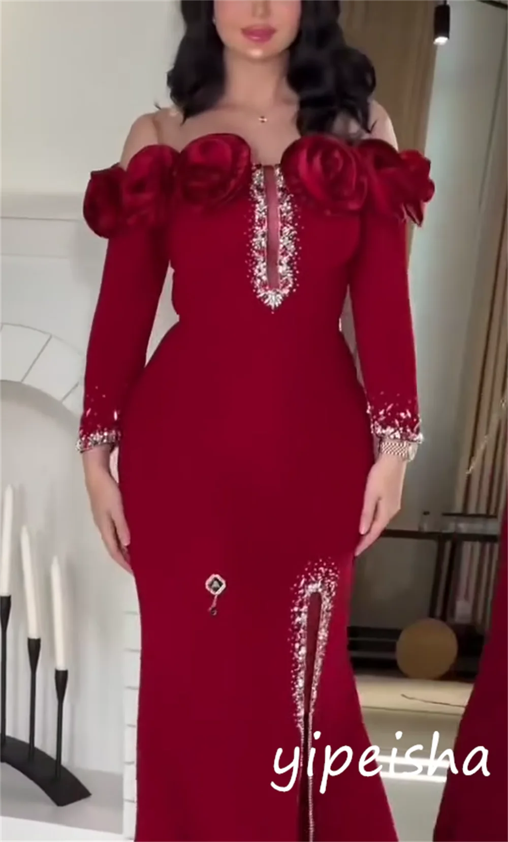 تخصيص كلاسيكي رائع جيرسي مطرزة زهرة البوق خارج على الكتف فساتين طويلة مناسبة مخصصة التألق