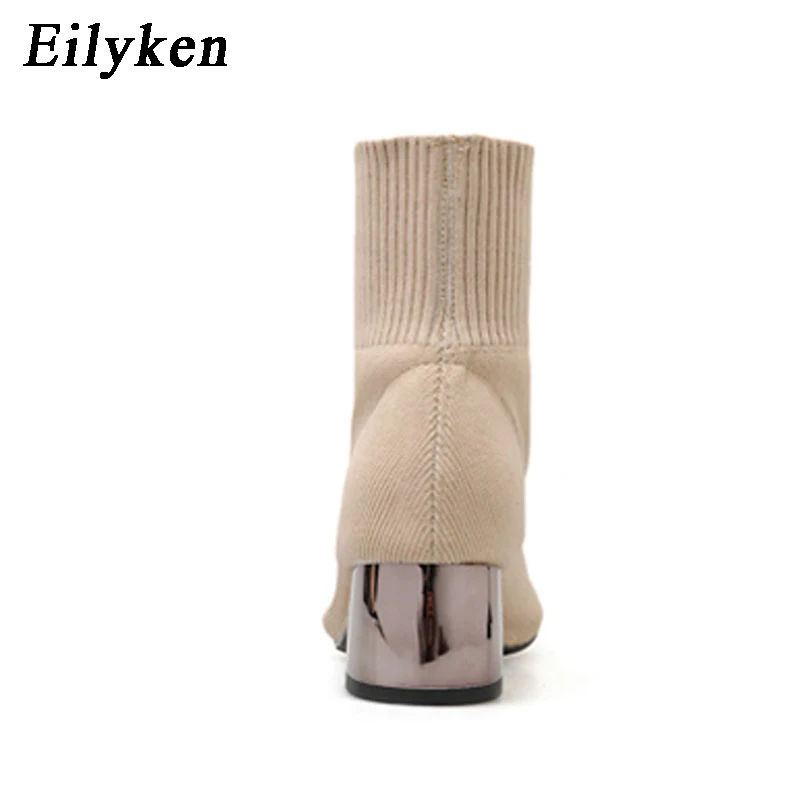 Eilyken Fashion tessuto elasticizzato lavorato a maglia cucito stivaletti da donna tacchi quadrati stivaletti invernali a punta da donna