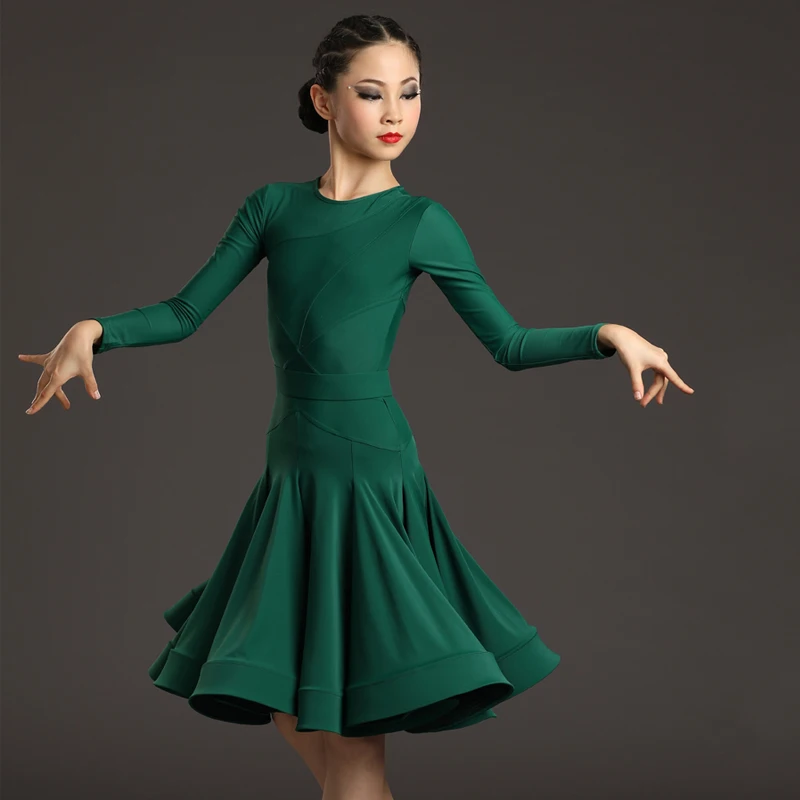 4 Colors Ballroom Dance Dress Competition Practice Clothes New Girls Long Sleeved Latin Dance Dress Kids Salsa Dress SL7200