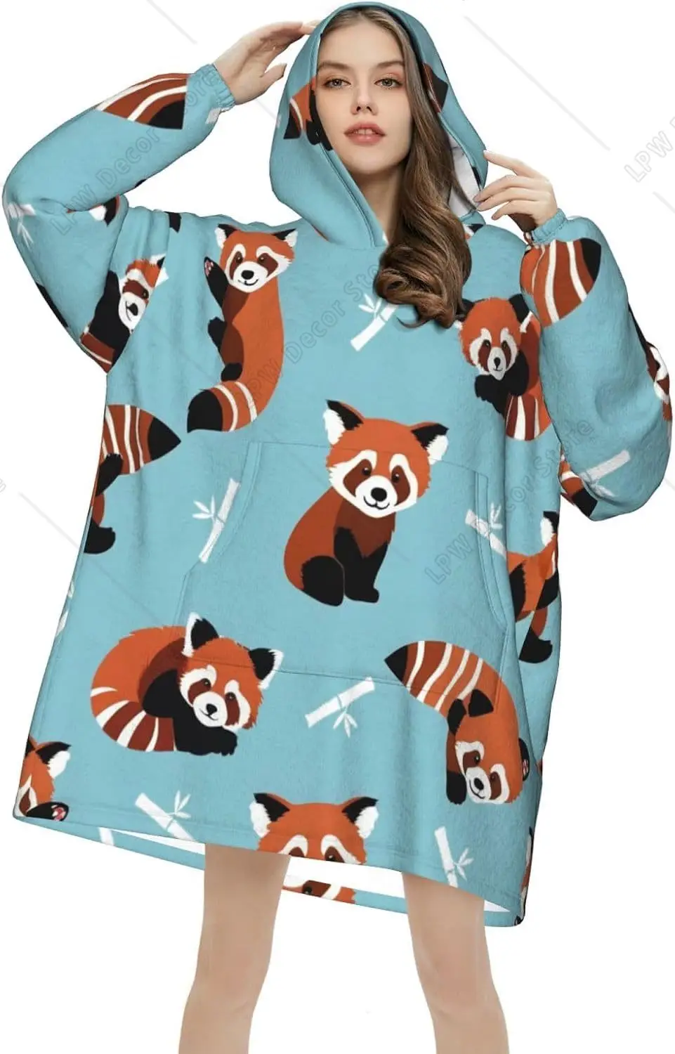Cute Red Panda Wearable Blanket Hoodie For Adults Panda Painted Oversized Sweatshirt Blanket  With Pocket