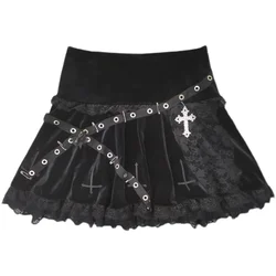 Gothic Harajuku Punk Black High Waist A-line Skirt for Girl, Cross Embroidered Lace Skirt, Sweet Cool, Gothic, Y2K