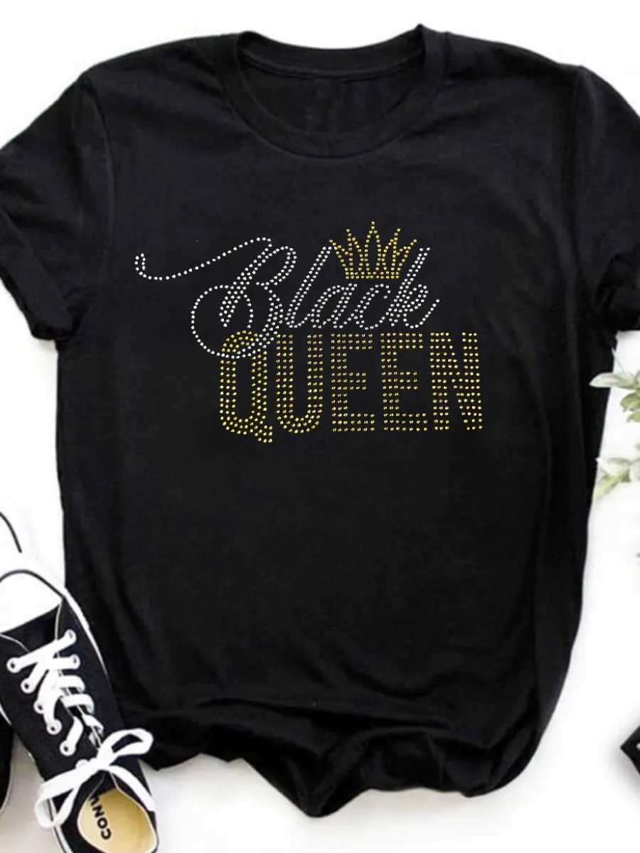 LW Plus Size Rhinstone Black Crown Queen T-shirt Casual Letter Print T-shirt 2023 Summer Round Neck Harajuku Y2k Top