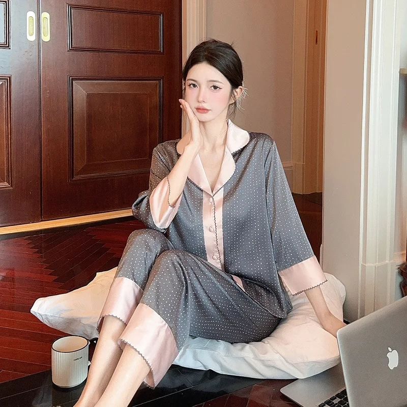 

Autumn New Fashionable Light Luxury High-end Polka Dot Cardigan Long Pants Home Wear Set Ice Silk Long-sleeved Pajamas for Women