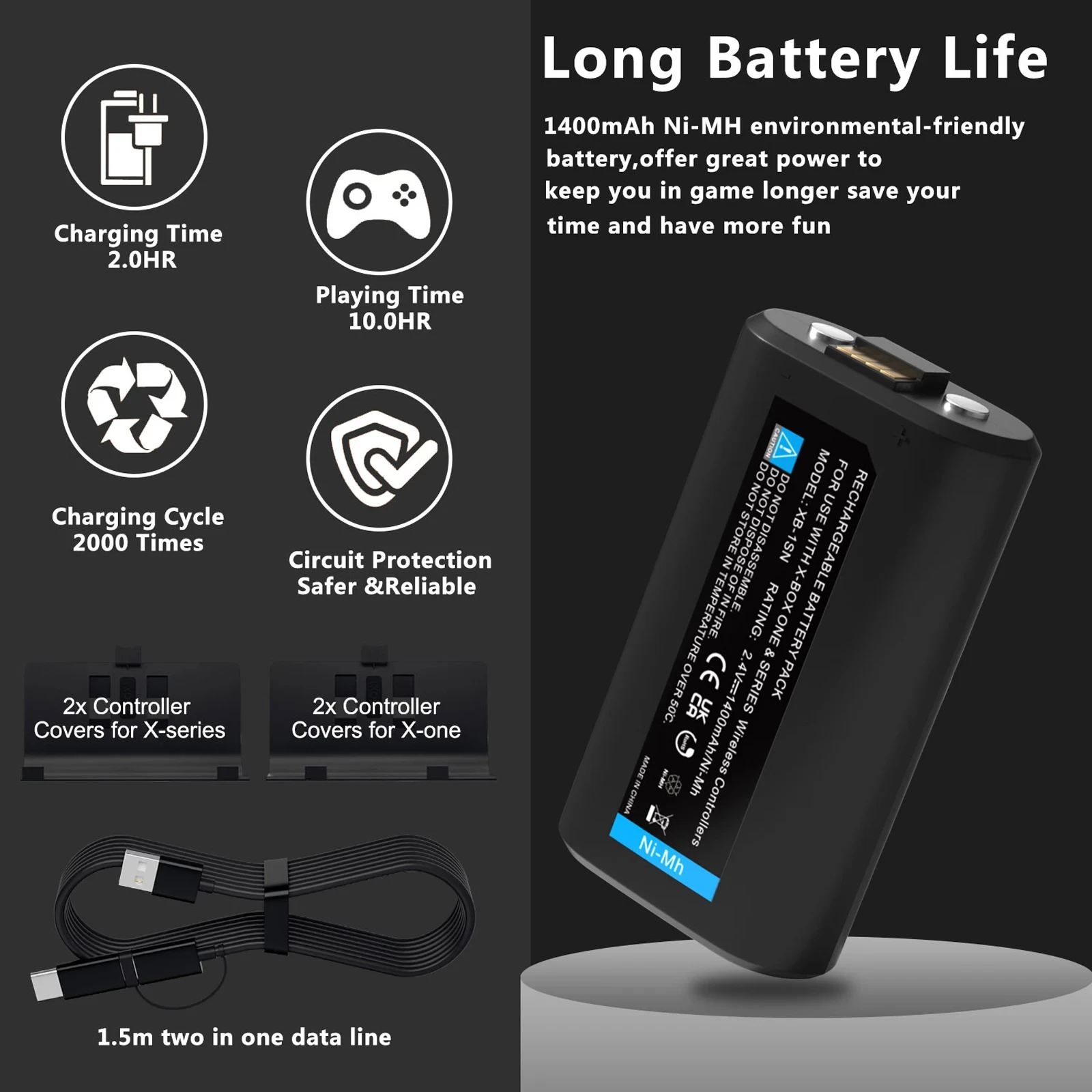 

1400mAh Rechargeable Battery for Xbox Series X/S Xbox One Xbox One S Xbox One X Xbox One Elite Wireless Controller