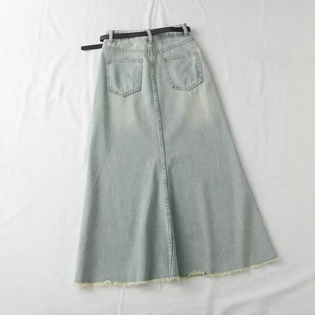 

Elegant Fishtail Denim Skirt 18WS-5098 Frayed European American Style Women's Spring Non-Elastic Belted Fashion