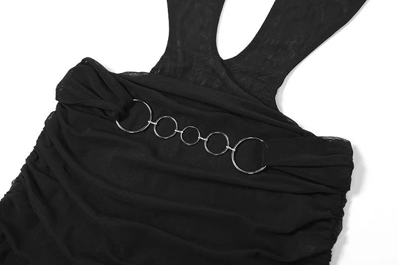 ملابس-فستان نسائي مثير بكشكشة شريط صغير للحفلات ، رقبة حرف V عميقة ، حزام سلسلة معدني عاري الظهر ، ملابس نادي مكشكشة ، شبكة شفافة ، الصيف